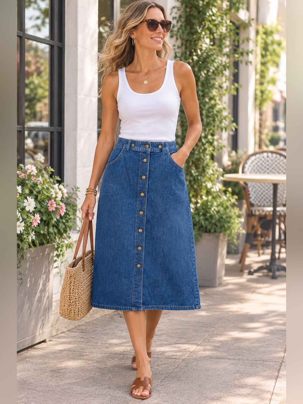 Vintage 70s Fancy Props Wilkins Denim Midi Skirt Snap Front A-Line